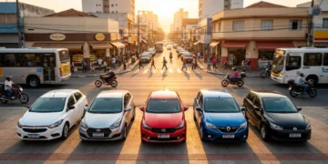 Carros seminovos alinhados na calçada de rua urbana brasileira ao amanhecer, destacando variedade e mobilidade com foco em Seu Proximo Carro