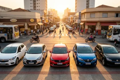 Carros seminovos alinhados na cal&ccedil;ada de rua urbana brasileira ao amanhecer, destacando variedade e mobilidade com foco em Seu Proximo Carro