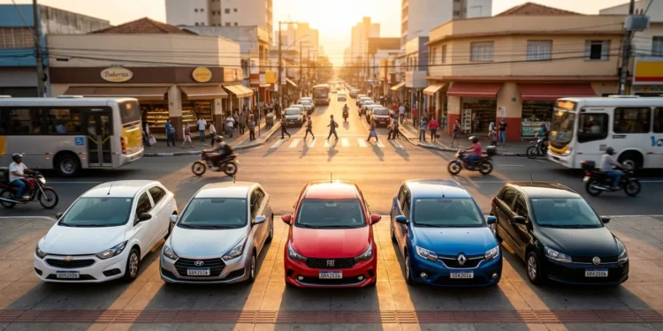 Carros seminovos alinhados na calçada de rua urbana brasileira ao amanhecer, destacando variedade e mobilidade com foco em Seu Proximo Carro