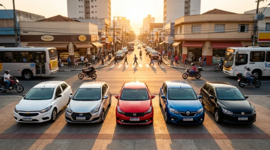 Carros seminovos alinhados na calçada de rua urbana brasileira ao amanhecer, destacando variedade e mobilidade com foco em Seu Proximo Carro