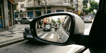 Retrato hiper-realista de retrovisor lateral de carro em rua urbana brasileira, destacando novos requisitos do CONTRAN e segurança no trânsito