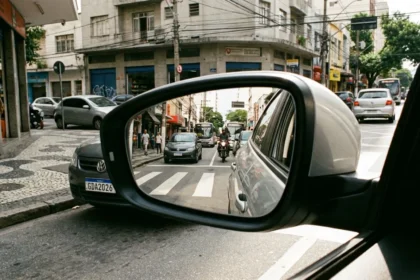 Retrato hiper-realista de retrovisor lateral de carro em rua urbana brasileira, destacando novos requisitos do CONTRAN e seguran&ccedil;a no tr&acirc;nsito