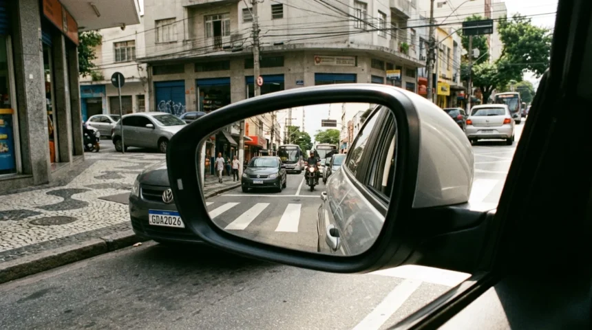Retrato hiper-realista de retrovisor lateral de carro em rua urbana brasileira, destacando novos requisitos do CONTRAN e segurança no trânsito
