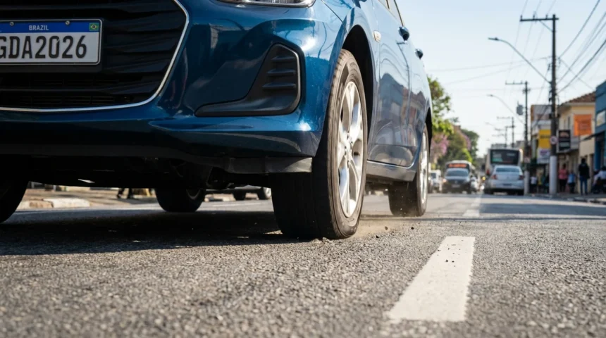 Imagem hiper-realista de pneu com pressão baixa em carro urbano brasileiro, destacando erro pneus pode aumentar impacto no consumo