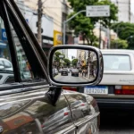 Imagem de um carro antigo brasileiro com foco no retrovisor retrovisor retrovisor fim espelhos refletindo a rua urbana, destacando a palavra-chave.
