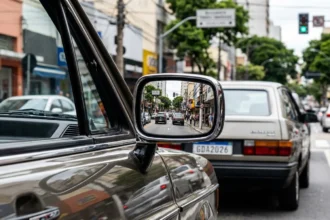 Imagem de um carro antigo brasileiro com foco no retrovisor retrovisor retrovisor fim espelhos refletindo a rua urbana, destacando a palavra-chave.