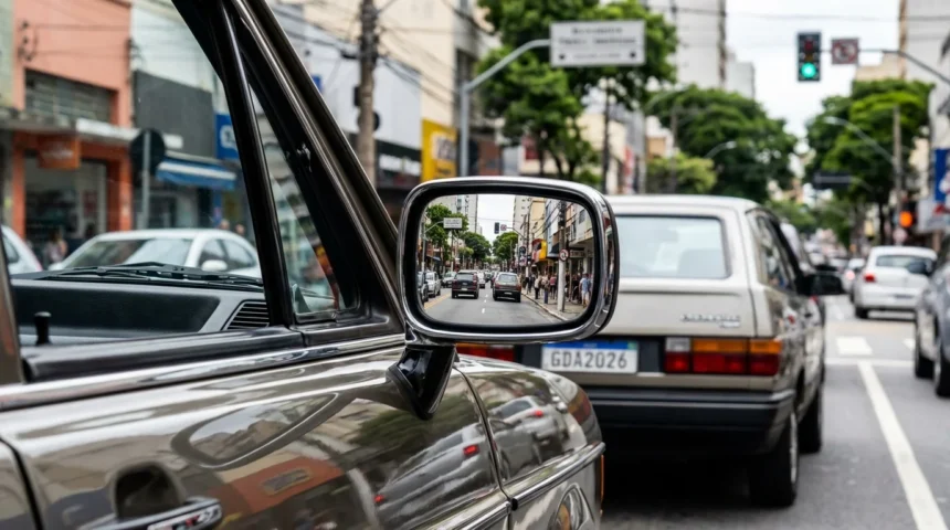 Imagem de um carro antigo brasileiro com foco no retrovisor retrovisor retrovisor fim espelhos refletindo a rua urbana, destacando a palavra-chave.