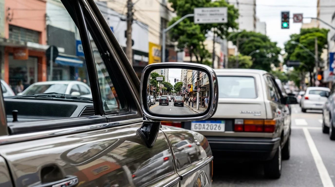 Imagem de um carro antigo brasileiro com foco no retrovisor retrovisor retrovisor fim espelhos refletindo a rua urbana, destacando a palavra-chave.