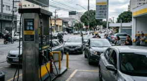 Imagem de um posto de gasolina brasileiro parcialmente vazio, com motoristas preocupados, refletindo a crise do preço gasolina pode bater R$ 10.