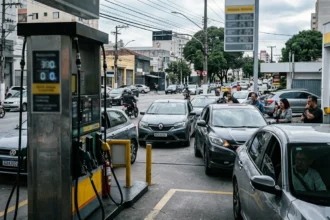 Imagem de um posto de gasolina brasileiro parcialmente vazio, com motoristas preocupados, refletindo a crise do preço gasolina pode bater R$ 10.