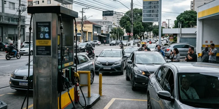 Imagem de um posto de gasolina brasileiro parcialmente vazio, com motoristas preocupados, refletindo a crise do preço gasolina pode bater R$ 10.