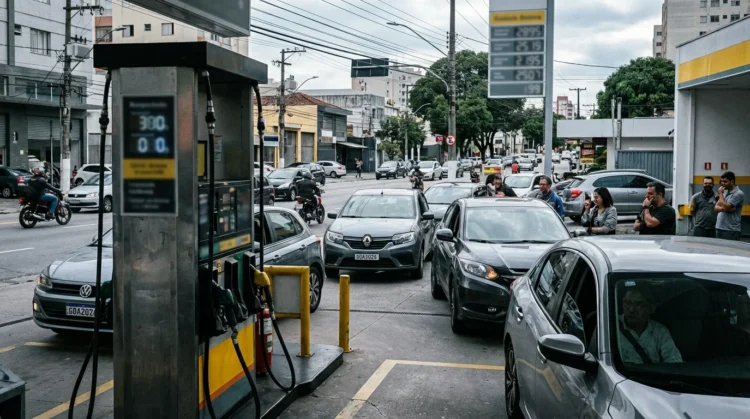 Imagem de um posto de gasolina brasileiro parcialmente vazio, com motoristas preocupados, refletindo a crise do preço gasolina pode bater R$ 10.