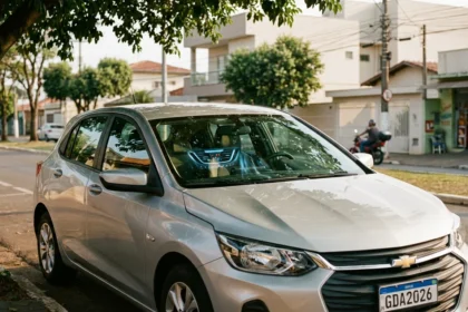 Interior de carro compacto brasileiro com ar condicionado gasta muita gasolina, vista atrav&eacute;s do vidro sob sombra de &aacute;rvore na cidade brasileira