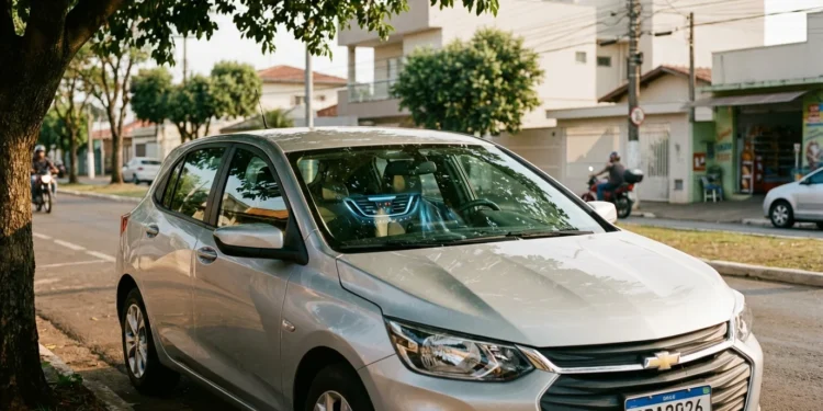Interior de carro compacto brasileiro com ar condicionado gasta muita gasolina, vista através do vidro sob sombra de árvore na cidade brasileira