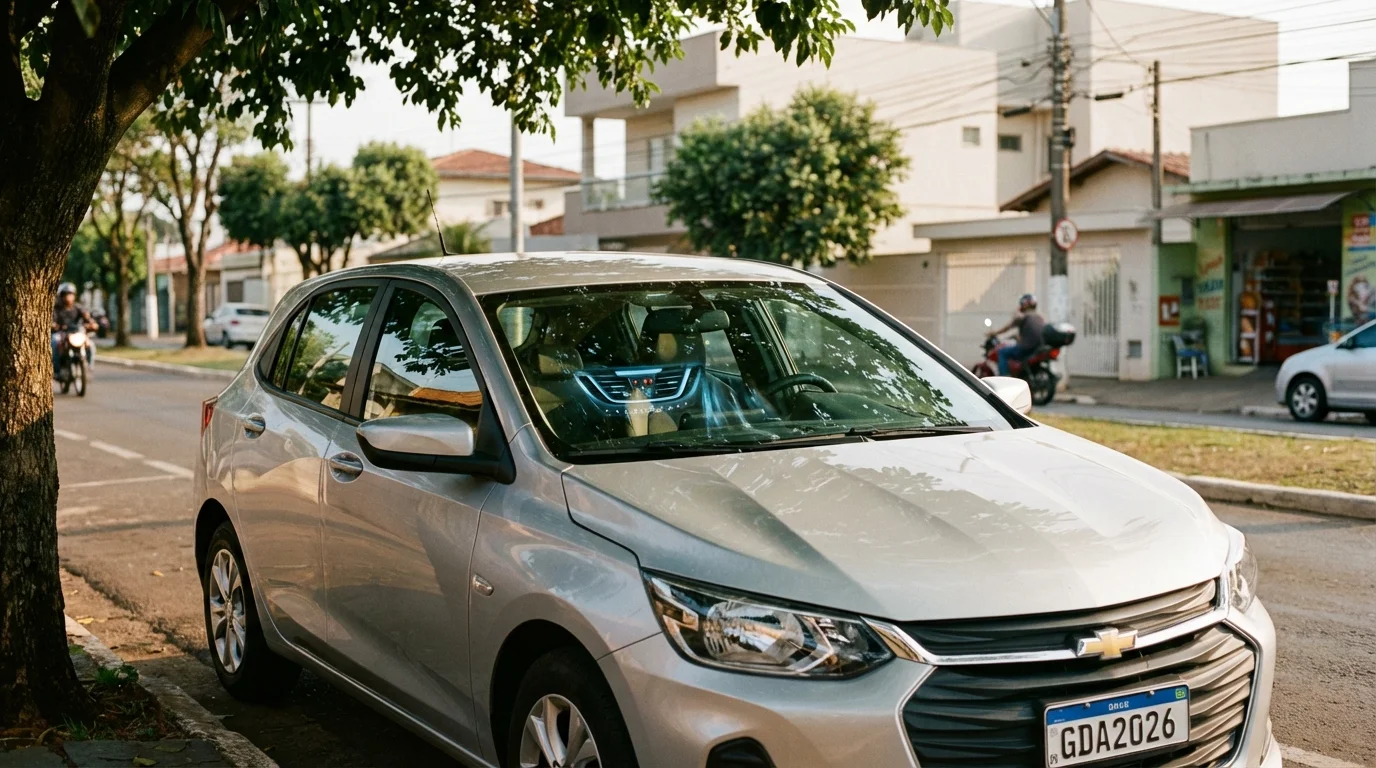 Interior de carro compacto brasileiro com ar condicionado gasta muita gasolina, vista através do vidro sob sombra de árvore na cidade brasileira