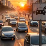 Cena urbana com veículos tradicionais e elétricos, pôr do sol, simbolizando regras menos rigorosas emissões