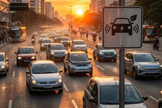 Cena urbana com veículos tradicionais e elétricos, pôr do sol, simbolizando regras menos rigorosas emissões