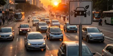 Cena urbana com veículos tradicionais e elétricos, pôr do sol, simbolizando regras menos rigorosas emissões