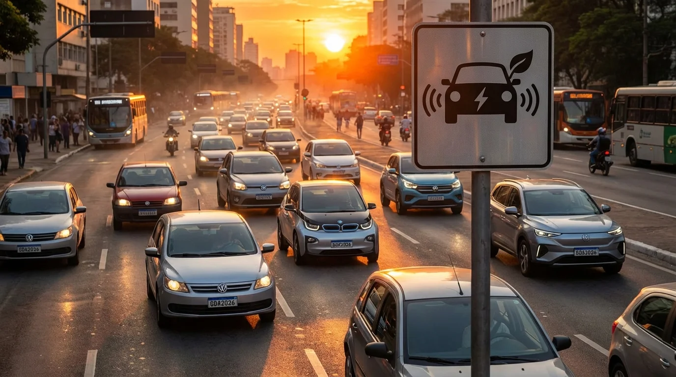 Cena urbana com veículos tradicionais e elétricos, pôr do sol, simbolizando regras menos rigorosas emissões