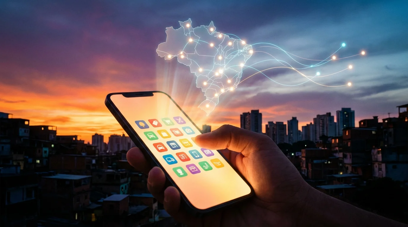 Mão segurando smartphone com ícones de marketplace, fundo urbano brasileiro ao pôr do sol, mapa holográfico do Brasil conectando pontos de luz