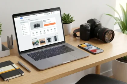 Imagem de capa hiper-realista com mesa de escrit&oacute;rio moderna, laptop, c&acirc;mera e smartphone ilustrando como vender OLX multiplicar