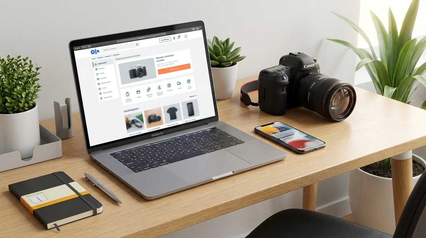 Como vender na OLX e multiplicar seus lucros: o guia completo para anúncios que vendem rápido e sem cair em golpes 1 Imagem de capa hiper-realista com mesa de escritório moderna, laptop, câmera e smartphone ilustrando como vender OLX multiplicar
