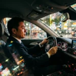 Motorista de Uber focado dirigindo em rua urbana noturna, com luzes vibrantes e interior iluminado, transmitindo energia e profissionalismo