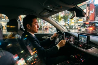 Motorista de Uber focado dirigindo em rua urbana noturna, com luzes vibrantes e interior iluminado, transmitindo energia e profissionalismo