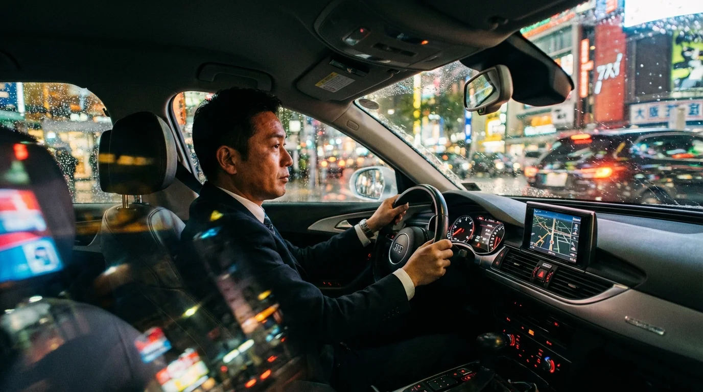 Projeção de Ganhos Uber 2026: 4 Horas por Dia no Brasil - O Que Esperar? 1 Motorista de Uber focado dirigindo em rua urbana noturna, com luzes vibrantes e interior iluminado, transmitindo energia e profissionalismo