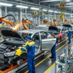 Fábrica de automóveis moderna com produção de veículos Brasil avança, linhas automáticas e operários em ação