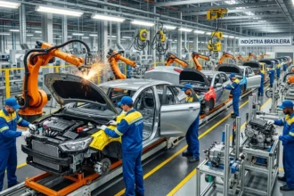 Fábrica de automóveis moderna com produção de veículos Brasil avança, linhas automáticas e operários em ação