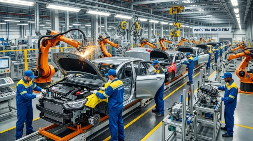 Fábrica de automóveis moderna com produção de veículos Brasil avança, linhas automáticas e operários em ação