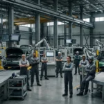Fábrica automotiva moderna com linhas paradas, operários preocupados e veículos eletrificados em destaque