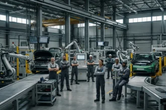 Fábrica automotiva moderna com linhas paradas, operários preocupados e veículos eletrificados em destaque