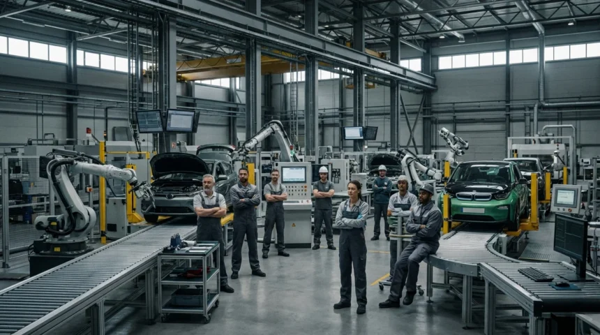 Fábrica automotiva moderna com linhas paradas, operários preocupados e veículos eletrificados em destaque