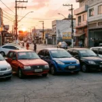 Fotografia realista de cinco carros usados alinhados em rua brasileira ao amanhecer, destacando veículos acessíveis e compra de usados