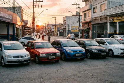 Fotografia realista de cinco carros usados alinhados em rua brasileira ao amanhecer, destacando ve&iacute;culos acess&iacute;veis e compra de usados