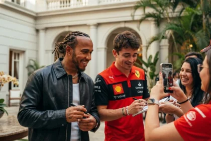 Fotografia realista de Lewis Hamilton e Charles Leclerc no Pal&aacute;cio Tangar&aacute;, celebrando 75 anos da Shell e Ferrari