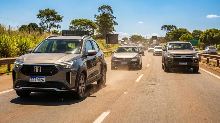Imagem de carros em movimento na estrada brasileira mostrando marcas que mais emplacaram, com destaque para Fiat, Volkswagen e Chevrolet