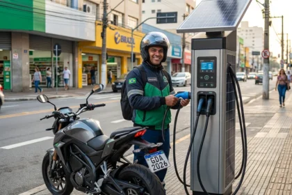 Entregador de moto el&eacute;trica sorrindo na esta&ccedil;&atilde;o de recarga, com foco na inova&ccedil;&atilde;o sustent&aacute;vel em rua urbana brasileira, promovendo financiamento acess&iacute;vel.