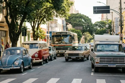 Imagem de rua urbana brasileira com ve&iacute;culos antigos preservados celebrando a promulga&ccedil;&atilde;o da emenda 137