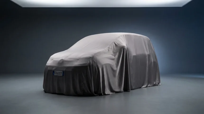 Imagem de alta qualidade de um carro coberto por lona em estúdio, destacando o lançamento de Stellantis investe R$ 32, com destaque para o Fiat Panda 2025.