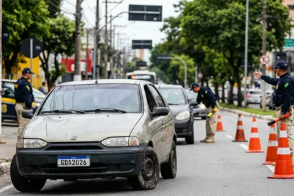 Multas Graves 2026: Cena de blitz com policiais federais e carro com pneus carecas e vidros danificados, destaque para multas graves 2026