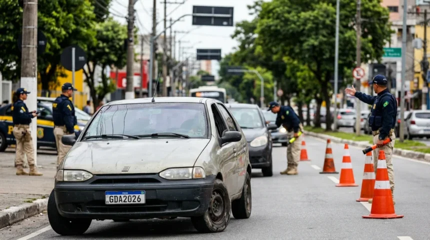 Multas Graves 2026: Cena de blitz com policiais federais e carro com pneus carecas e vidros danificados, destaque para multas graves 2026