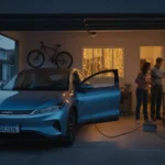 Cena de residência urbana brasileira durante apagão, carro elétrico BYD conectando V2L para alimentar a casa com foco no apagão São Paulo carro