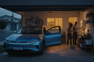 Cena de residência urbana brasileira durante apagão, carro elétrico BYD conectando V2L para alimentar a casa com foco no apagão São Paulo carro