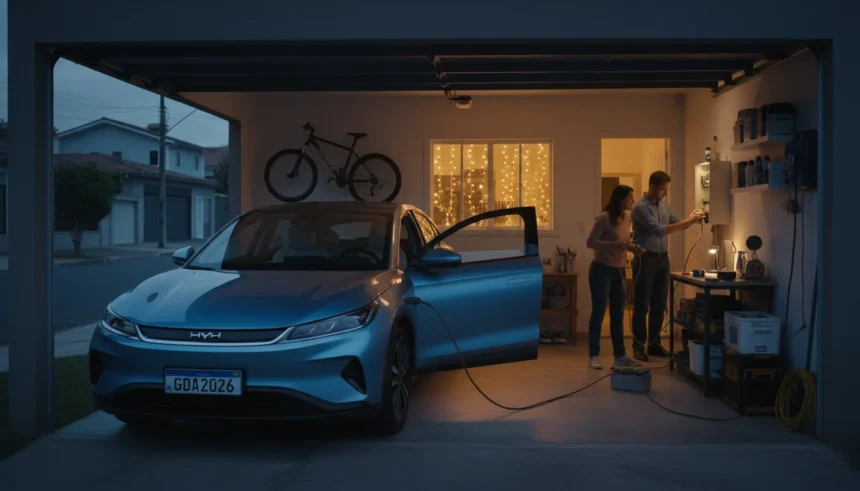 Apagão em SP: carro elétrico pode energizar casas por até 4 dias com V2L; BYD e GWM lideram e tecnologia exige cuidados 1 Cena de residência urbana brasileira durante apagão, carro elétrico BYD conectando V2L para alimentar a casa com foco no apagão São Paulo carro
