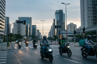 Imagem de motocicletas elétricas modernas percorrendo uma cidade brasileira ao entardecer, destacando modelos elétricos no Brasil.