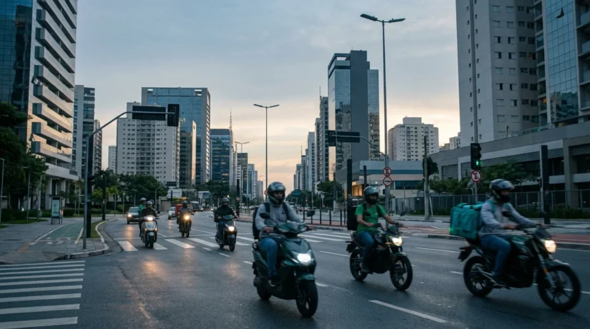 Imagem de motocicletas elétricas modernas percorrendo uma cidade brasileira ao entardecer, destacando modelos elétricos no Brasil.