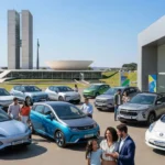 Cena ao ar livre em Brasília com veículos elétricos na concessionária e Congresso ao fundo, destacando liderança de Brasília nas vendas de carros elétricos.